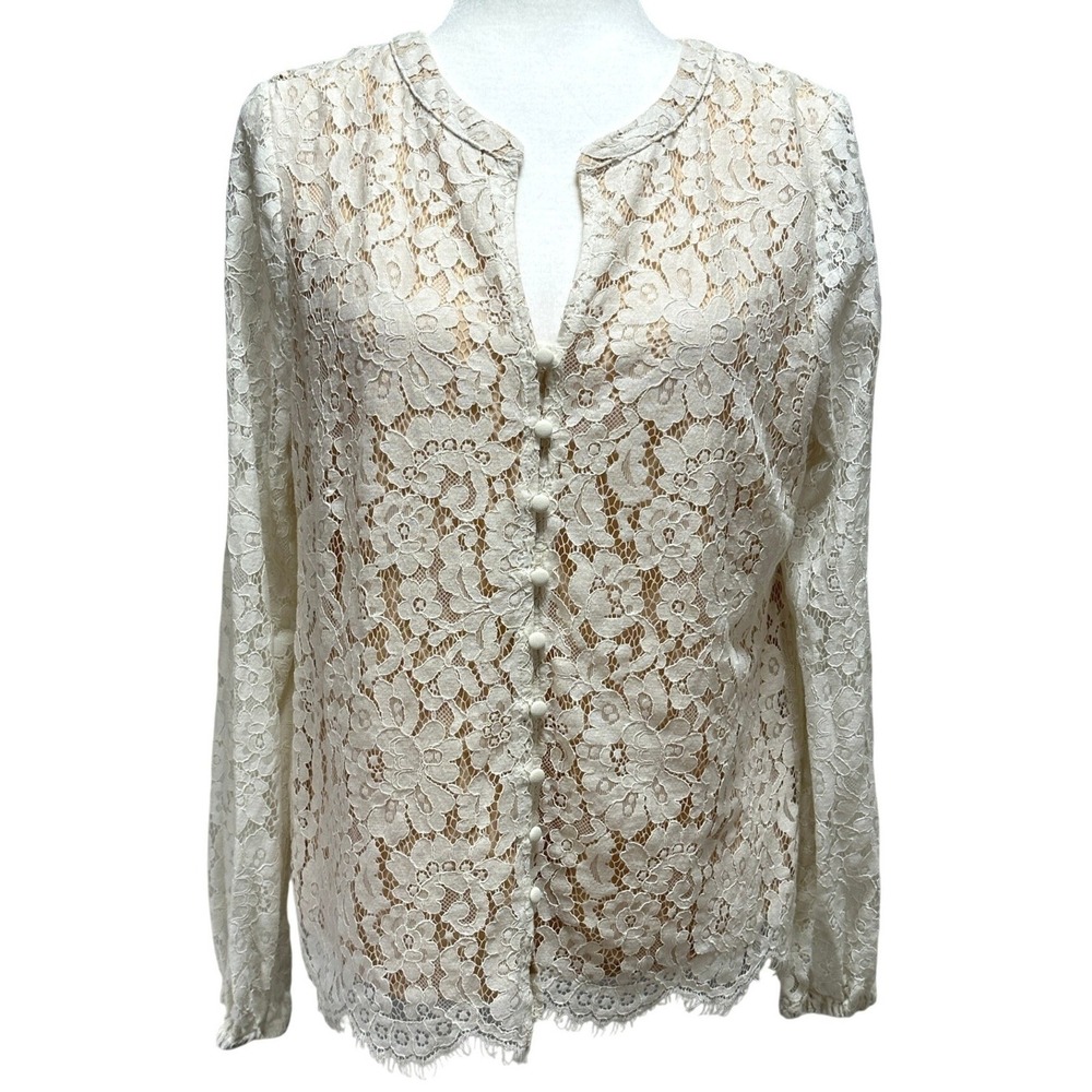 Rachel Zoe Ivory Floral Lace‎ Button Front Blouse Lined Scalloped Hem Large